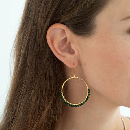 Green Onyx beaded Circle dangle earring, Brass 18k gold plated